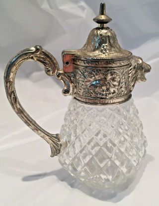 Vintage Silver Plate And Pressed Pattern Glass Lion Head Cream Syrup Pitcher