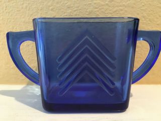Vintage Cobalt Blue Glass Chevron Pattern Open Sugar Bowl Art Deco Style
