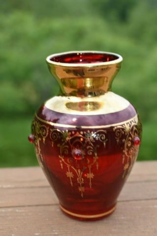 Antique Moser Style Bohemian Glass Red Gold Gilded Vase Gems