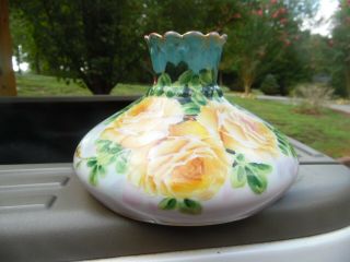 Stunning Antique Victorian Hand Painted Squatty Vase / Gorgeous Yellow Roses