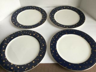 4 Galaxy Sakura Fine Porcelain Lumina Dinner Plates Blue W 14k Gold Stars Trim