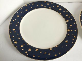 4 Galaxy Sakura fine Porcelain Lumina Dinner Plates Blue w 14K Gold Stars trim 2