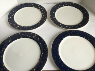 4 Galaxy Sakura fine Porcelain Lumina Dinner Plates Blue w 14K Gold Stars trim 3