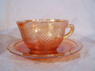 8 Vintage Federal Marigold Carnival Glass Normandie Bouquet Lattice Cup Saucer