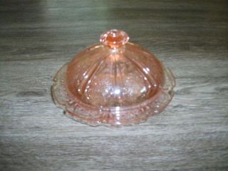 Vintage Pink Depression Glass Covered Round Butter Dish Jeannette Cherry Blossom