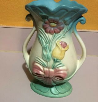 Vintage Hull Art Pottery 2 Handled Vase B - 7 8 1/2 " Bow Tie Wildflower Pattern