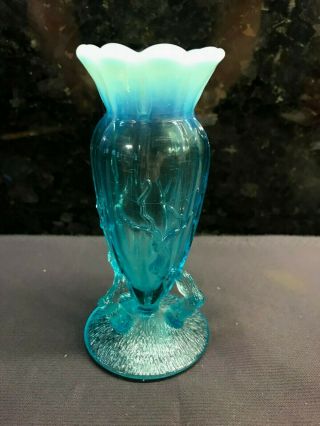 Vintage Art Glass Light Blue Opalescent White Small Vase