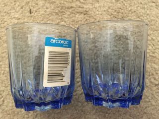 Set Of 2 Arcoroc France Blue Cut Glass Old Fashion Tumblers