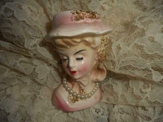 Vintage Lady Head Vase W/necklace Earrings Pink Dress And Hat
