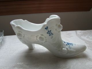 Vintage Fenton White Milk Glass Hand Painted Shoe Slipper Boot D.  Anderson