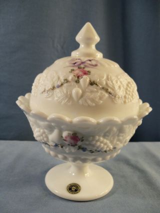 Westmoreland Milk Glass Della Robbia Painted Covered Candy Dish Roses & Bows