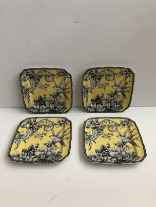 222 Fifth Adelaide Yellow 6.  25 " Set Of 4 Appetizer Bread Plates Birds Floral