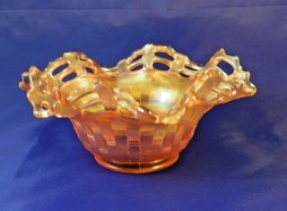 Fenton Carnival Glass Marigold Basket Weave Open Ribbon Edge Bowl