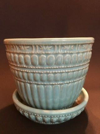 Vintage Mccoy Aqua Beaded Flower Pot Planter With Attached Saucer 5 1/4 "