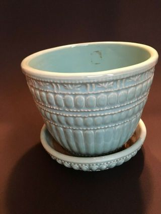 Vintage McCoy Aqua Beaded Flower Pot Planter with attached saucer 5 1/4 