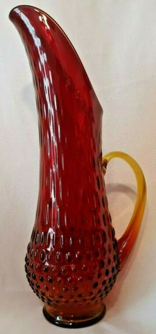 Vintage Mid Century Art Glass Ewer Pitcher Red Yellow Stretch Hob Viking 12.  75 "