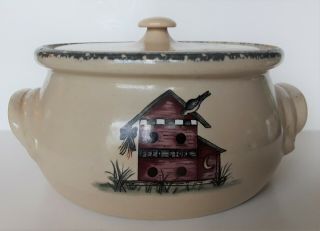 Home And Garden Party Stoneware Birdhouse Crock Bean Pot Casserole Dish W/lid