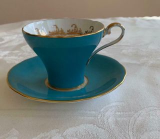Elegant Vintage Aynsley Turquoise & Gold Scrollwork Bone China Tea Cup & Saucer