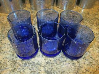 Set Of 6 Anchor Hocking Cobalt Blue 10 Sided High Ball Glasses Essex 3 3/4 "