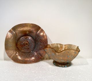 2 Pc.  Antique Blown Art Glass (copper Flake & Blue Splatter) Bowl & Dish