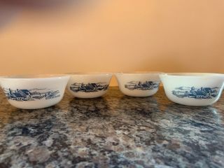 Currier And Ives Glasbake Custard Bowls X4 - Blue White Milk Glass Ramikens
