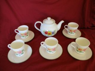 Vintage Corning / Corelle Teapot With 5 Cups And 5 Saucers - Summer Blush