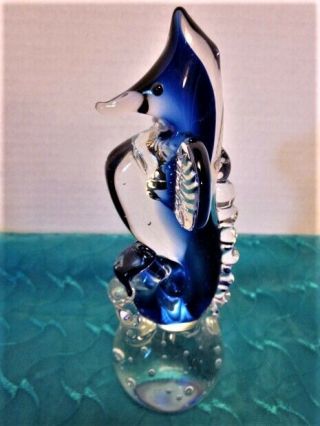 7 " Tall Sea Horse Figurine Hand Blown Art Glass Clear & Cobalt Blue Paperweight