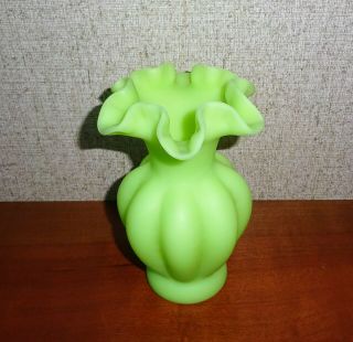 Vintage Fenton Art Glass Lime Green Sherbet Satin Vase Melon Rib 5 5/8 " H 7451