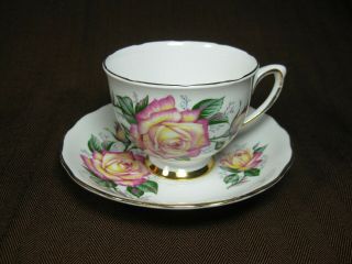 Colclough Bone China Cup And Saucer Yellow Rose With Pink Edges Gold Trim