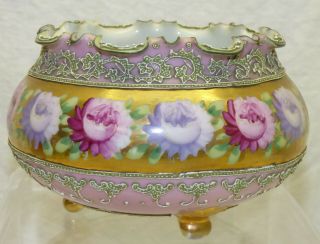 Antique Pink Nippon Moriage Footed Bowl Hand Painted Roses & Gold Ruffled Top
