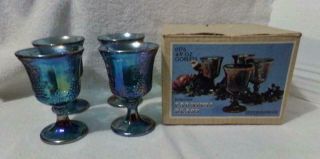 Vintage Indiana Harvest Pattern Blue Irridescent Carnival Glass Goblets - Look