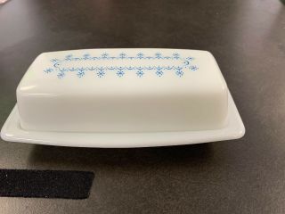 Vintage Pyrex Butter Dish Blue Snowflake Garland W/ Lid