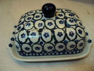 Vintage Polish Pottery Butter Dish Covered With Lid Floral Blue Poland