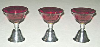 Vintage Set Of 3 Ruby Red Glass Dessert Bowls With Bell Bases