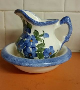 Cash Family 1945 Pitcher & Bowl Hand Painted Vintage.  Blue Green 101