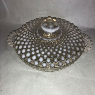 Vintage Fenton Art Glass Clear And White Opalescent Hobnail Candy Dish