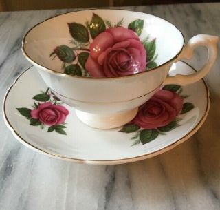 Royal Grafton England Large Dark Pink Rose Inside Footed Cup & Saucer Perfect