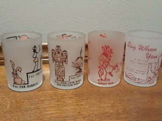 4 Great Vintage Retro Mcm Frosted Shot Glasses Chief Nipped Totem Pole Jackasses