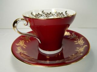 Aynsley Red Burgundy Corset Tea Cup And Saucer.