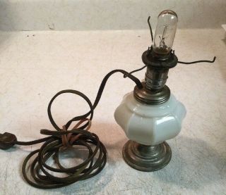 Vintage Milk Glass Lamp Base With Silver Metal Accents