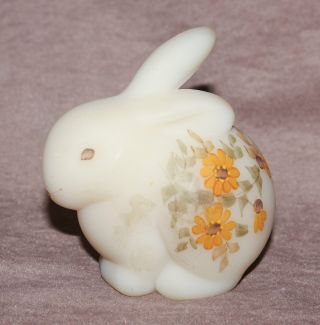 Fenton Custard Glass Bunny Rabbit Hand Painted Flowers Signed 3 ¼” Tall