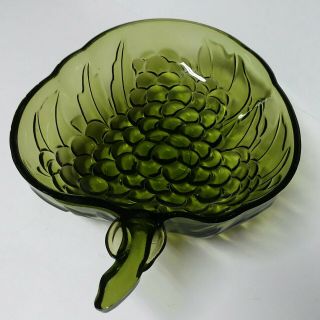 Vintage Indiana Green Glass Grape Bunch Serving Bowl W/ Stem Handle