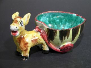 Mid 20th C Donkey Cart Bowl Planter,  Hand Painted Majolica,  M&r Foil Label Italy