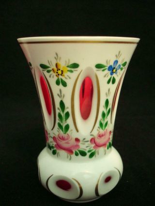 Bohemian White Rose Pink Cased Glass Vase With Hand Painted Flowers
