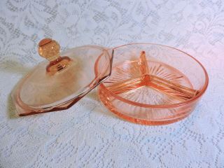 Pink Depression Glass Round 3 - Section Divided Dish With Lid
