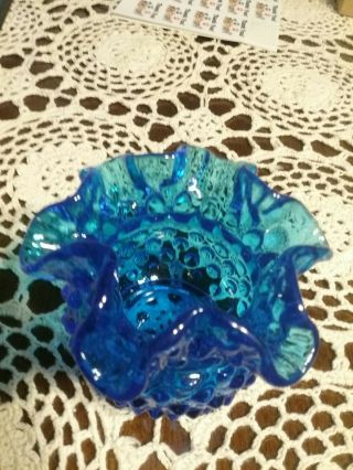 Fenton Hobnail Vase With Ruffled Top Blue 3 " Tall