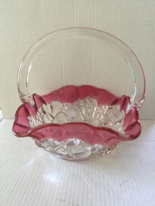 Vintage Clear Pressed Glass Candy Dish Basket With Handle Fruit Pattern