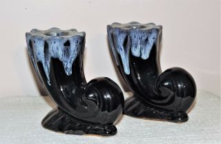 Vintage Anna Van Briggle Pottery Dark Blue Black Candle Stick Holder Pair