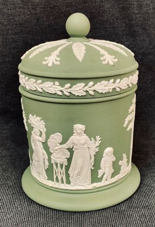 Vintage Wedgwood Jasperware Sage Green Covered Jar Grecian Scene