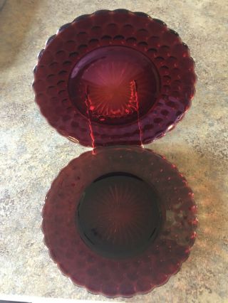 2 Ruby Red Bubble Glass Dinner Plates Anchor Hocking